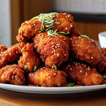 **Prompt:** A vibrant, close-up shot of Korean fried chicken (Dakgangjeong) piled high on a platter. The chicken should be glistening with a honey-ginger glaze and sprinkled with sesame seeds. In the background, a blurred image of a traditional Arabic coffee set (Dallah and finjaan) adds a cultural touch. The overall image should evoke a sense of deliciousness and warmth, appealing to viewers with its mix of Korean and Arab influences.