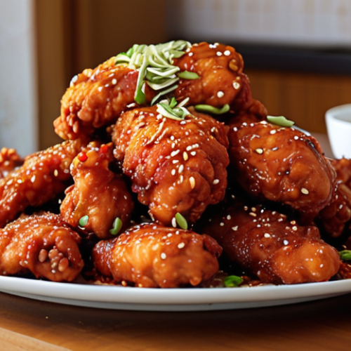 Home 15 **Prompt:** A vibrant, close-up shot of Korean fried chicken (Dakgangjeong) piled high on a platter. The chicken should be glistening with a honey-ginger glaze and sprinkled with sesame seeds. In the background, a blurred image of a traditional Arabic coffee set (Dallah and finjaan) adds a cultural touch. The overall image should evoke a sense of deliciousness and warmth, appealing to viewers with its mix of Korean and Arab influences.