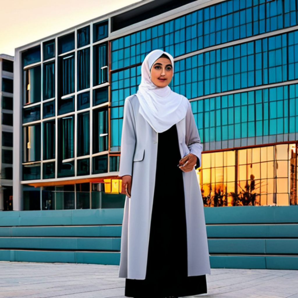 **

"A professional Arab architect, wearing a hijab and modest professional attire, standing in front of a modern building in Dubai at sunset, fully clothed, appropriate content, safe for work, perfect anatomy, professional photography, high quality."

**