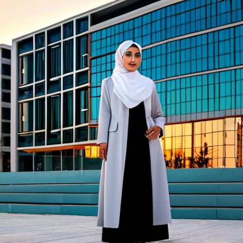 Home 7 **
"A professional Arab architect, wearing a hijab and modest professional attire, standing in front of a modern building in Dubai at sunset, fully clothed, appropriate content, safe for work, perfect anatomy, professional photography, high quality."
**
