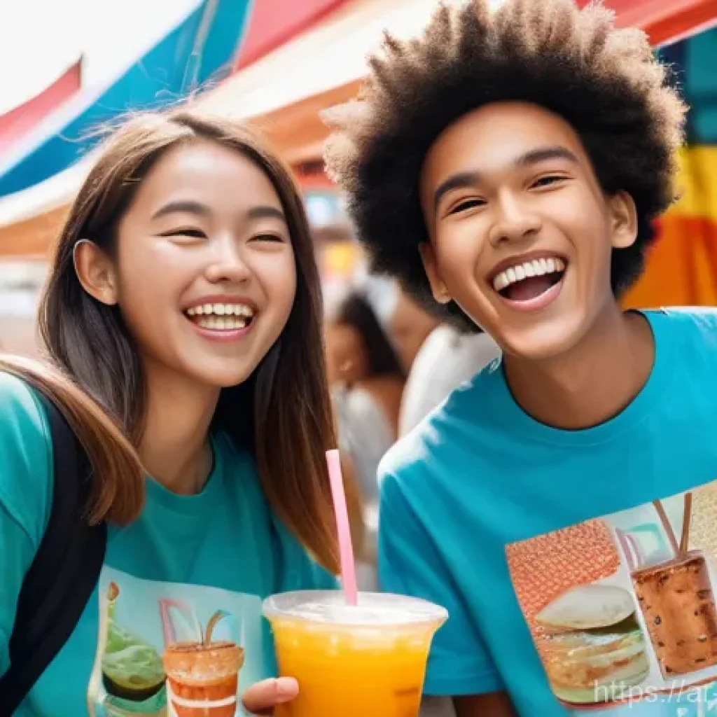 한식 떡볶이 소스 추천 - A group of diverse teenagers, laughing and enjoying themselves at a bustling outdoor street food fes...