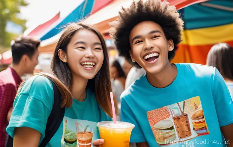 한식 떡볶이 소스 추천 - A group of diverse teenagers, laughing and enjoying themselves at a bustling outdoor street food fes...