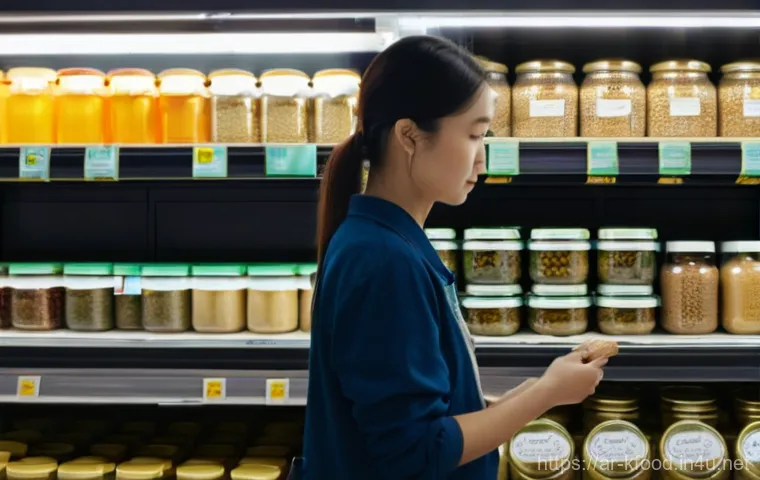 한식 된장 브랜드 추천 - **Prompt:** A discerning adult in a brightly lit, clean Asian grocery store aisle. The person, dress...