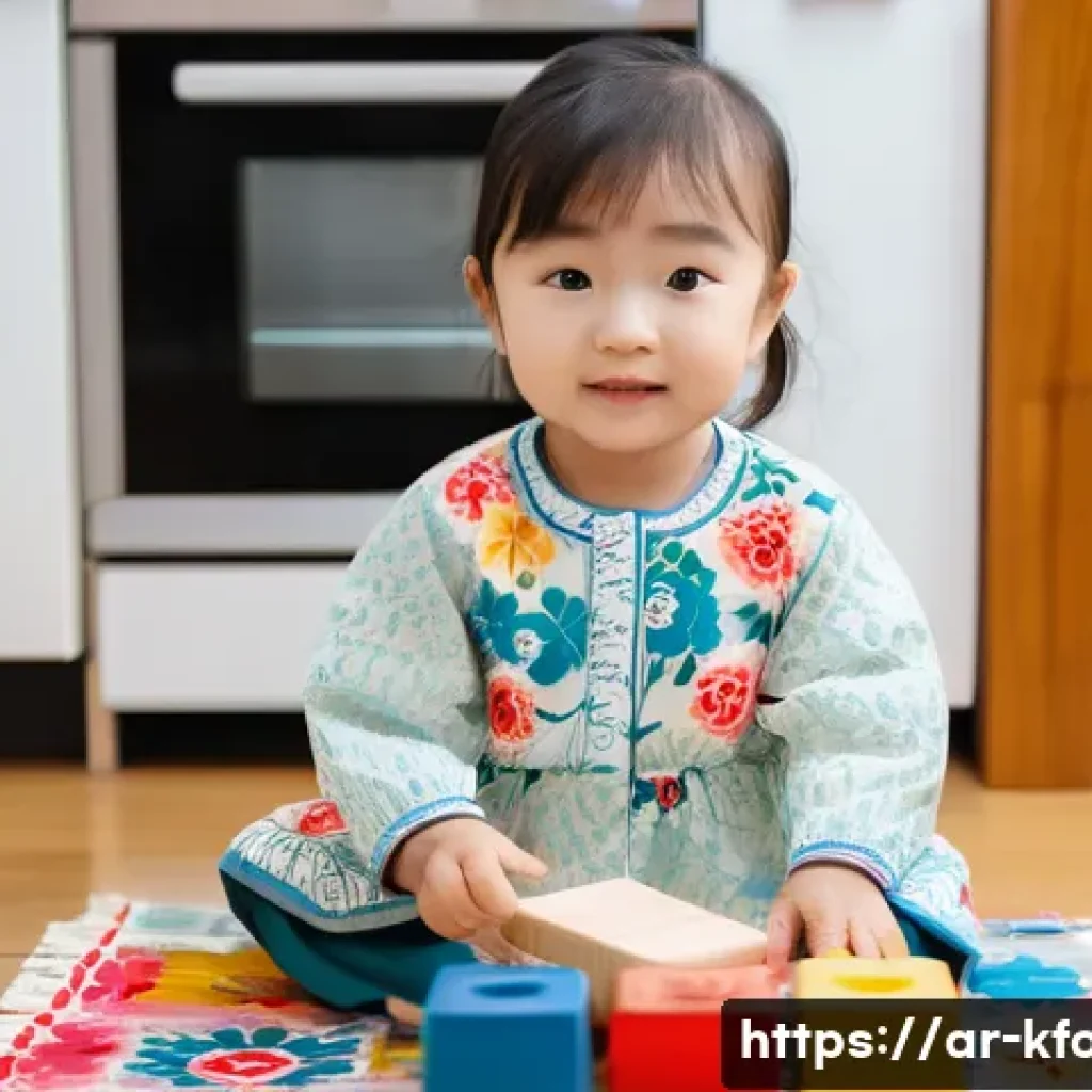 한식 아기 이유식 레시피 - **A toddler girl, wearing a colorful, modest, long-sleeved dress with floral patterns, sitting on a ...