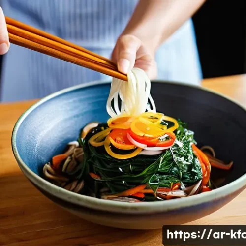 한식 잡채 레시피 - **Prompt:** A vibrant, well-lit close-up shot of fresh, uncooked Korean sweet potato noodles (dangmy...