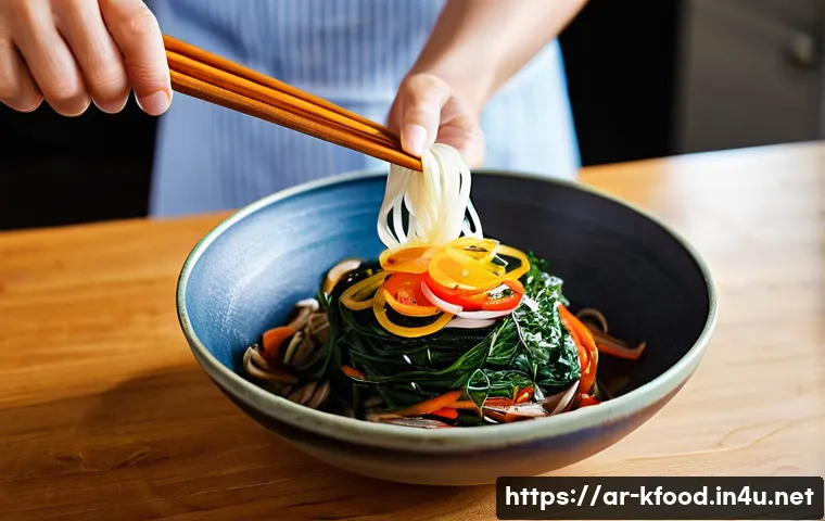 한식 잡채 레시피 - **Prompt:** A vibrant, well-lit close-up shot of fresh, uncooked Korean sweet potato noodles (dangmy...