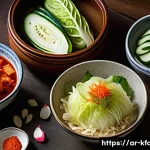 한식 김치 종류와 영양 정보 - A vibrant traditional Korean kitchen scene showcasing three distinct types of kimchi dishes artfully...