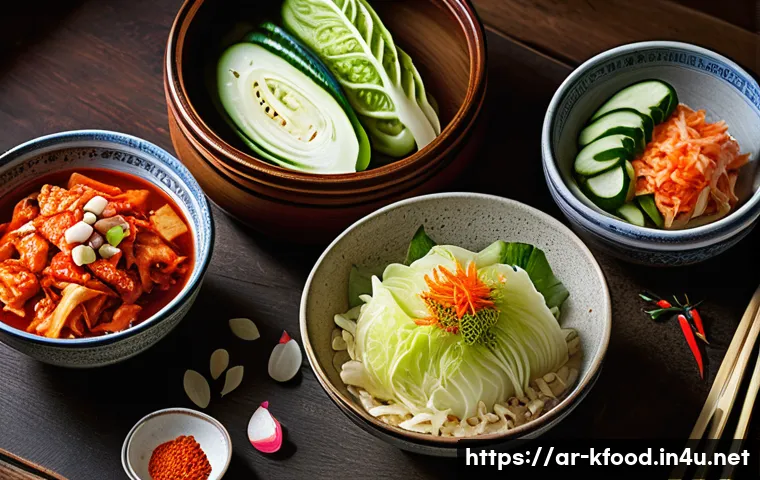 한식 김치 종류와 영양 정보 - A vibrant traditional Korean kitchen scene showcasing three distinct types of kimchi dishes artfully...