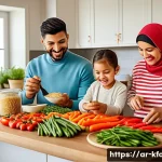 한식 떡볶이 밀키트 비교 - A vibrant and inviting kitchen scene showcasing a family of Middle Eastern descent preparing tteokbo...