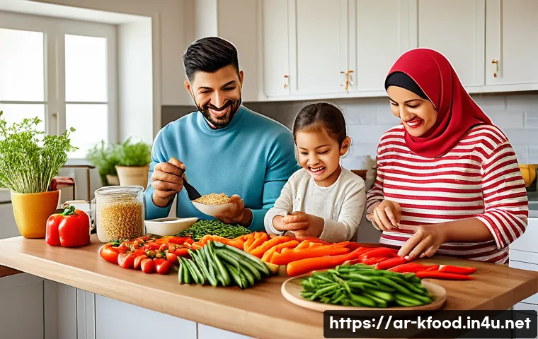 한식 떡볶이 밀키트 비교 - A vibrant and inviting kitchen scene showcasing a family of Middle Eastern descent preparing tteokbo...