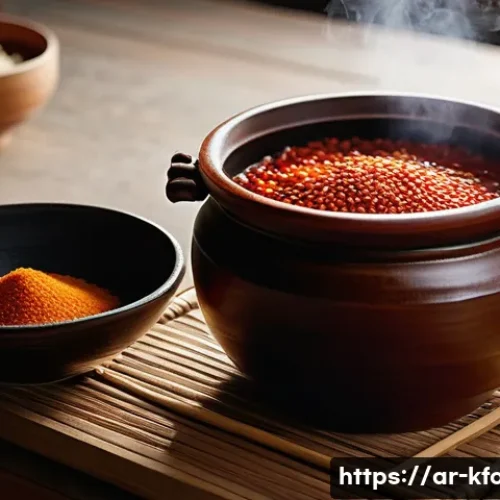 한식 명인의 요리법 - A traditional Korean kitchen scene showcasing the slow fermentation of Gochujang sauce in a rustic e...