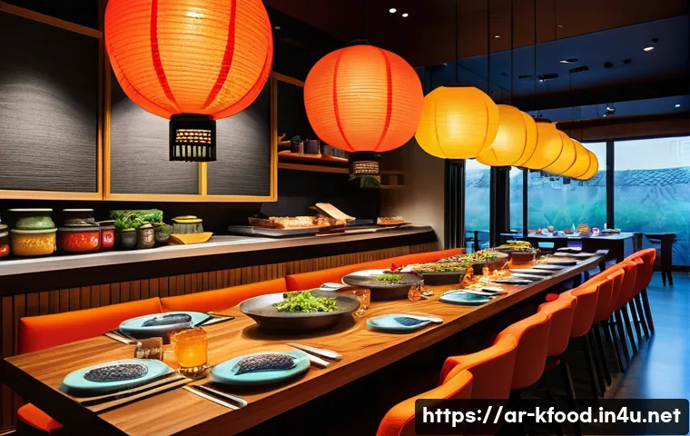 한식 전문 레스토랑 리뷰 - A vibrant Korean barbecue restaurant interior blending traditional and modern styles, featuring colo...