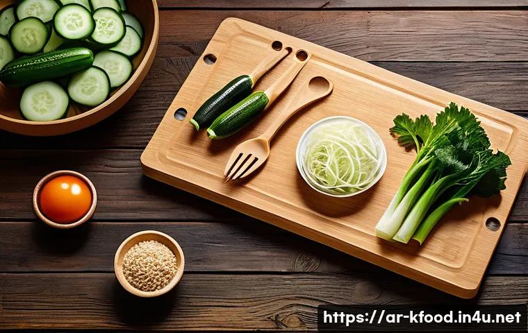 한식 도마 및 조리도구 추천 - A traditional Korean kitchen scene featuring a large wooden cutting board made of smooth beech or oa...