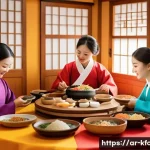 Home 22 한식 요리의 히스토리 - A vibrant Korean traditional feast scene during the Lunar Harvest Festival, featuring a family gathe...