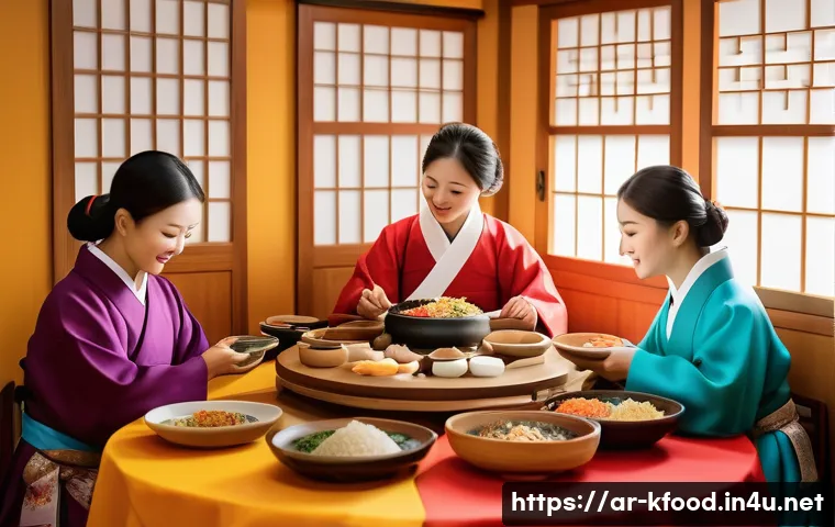 한식 요리의 히스토리 - A vibrant Korean traditional feast scene during the Lunar Harvest Festival, featuring a family gathe...