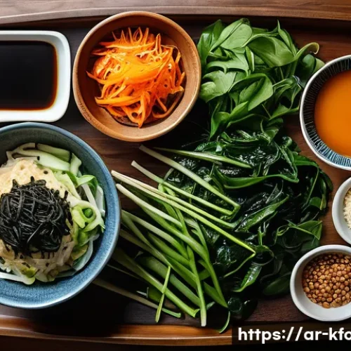 Home 33 한식 채식 밀키트 - A vibrant Korean vegan meal spread on a traditional low wooden table, featuring fresh green vegetabl...