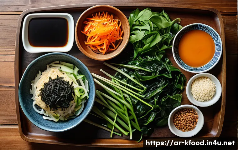 한식 채식 밀키트 - A vibrant Korean vegan meal spread on a traditional low wooden table, featuring fresh green vegetabl...