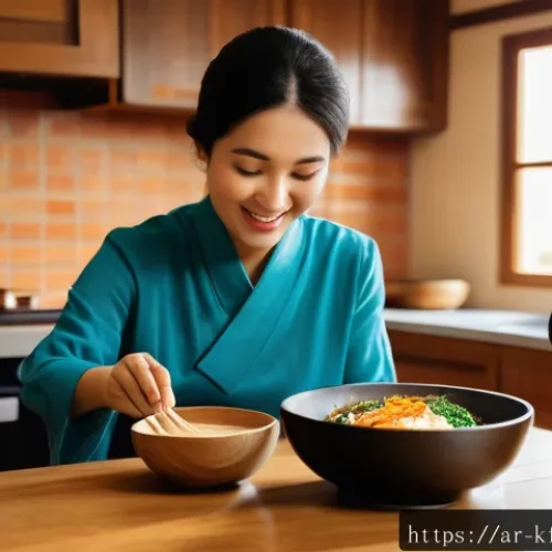 Home 32 한식 육아식 식단 - A cozy Korean kitchen scene featuring a mother preparing a colorful bibimbap meal for her toddler we...
