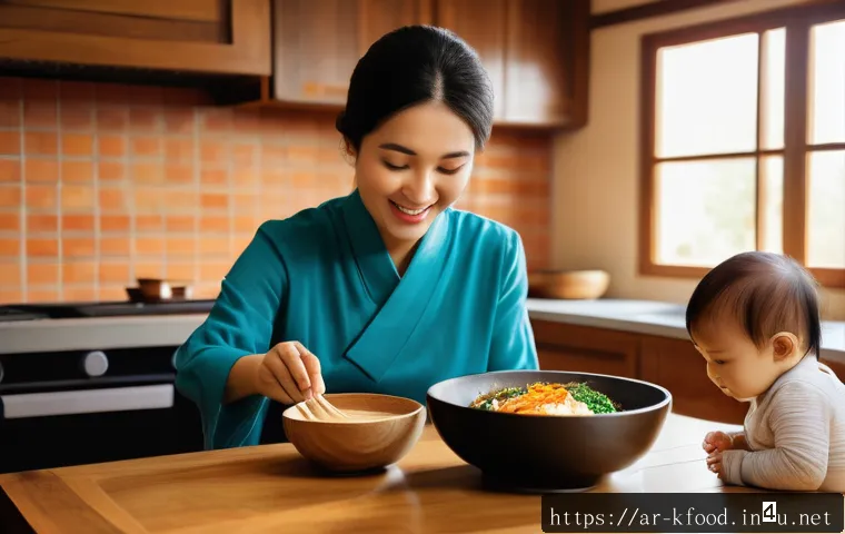 한식 육아식 식단 - A cozy Korean kitchen scene featuring a mother preparing a colorful bibimbap meal for her toddler we...