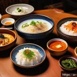 Home 19 한식 전통주 추천 - A cozy traditional Korean setting featuring a rustic wooden table adorned with a creamy bowl and a c...