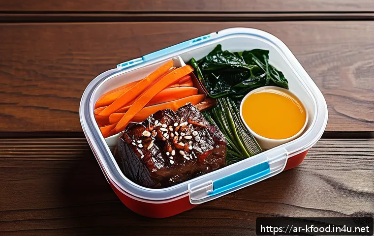 한식 도시락 레시피 - A beautifully arranged Korean lunchbox featuring short-grain sticky rice with a glossy texture, vibr...