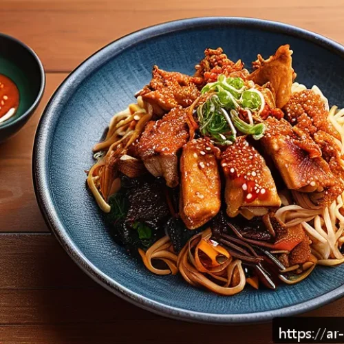 Home 17 한식 대기업 밀키트 제품 - A vibrant and inviting Korean meal setting on a traditional Arabic wooden table, featuring a variety...