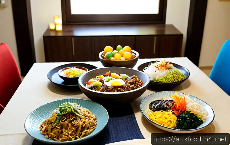 한식 테마로 꾸미는 집들이 - Photorealistic Korean-themed housewarming dining table in a bright modern home, neatly arranged ston...