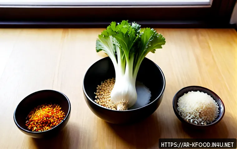 한식 요리에 활용하는 천연재료 - Photorealistic overhead kitchen scene of natural Korean cooking ingredients neatly arranged on a war...